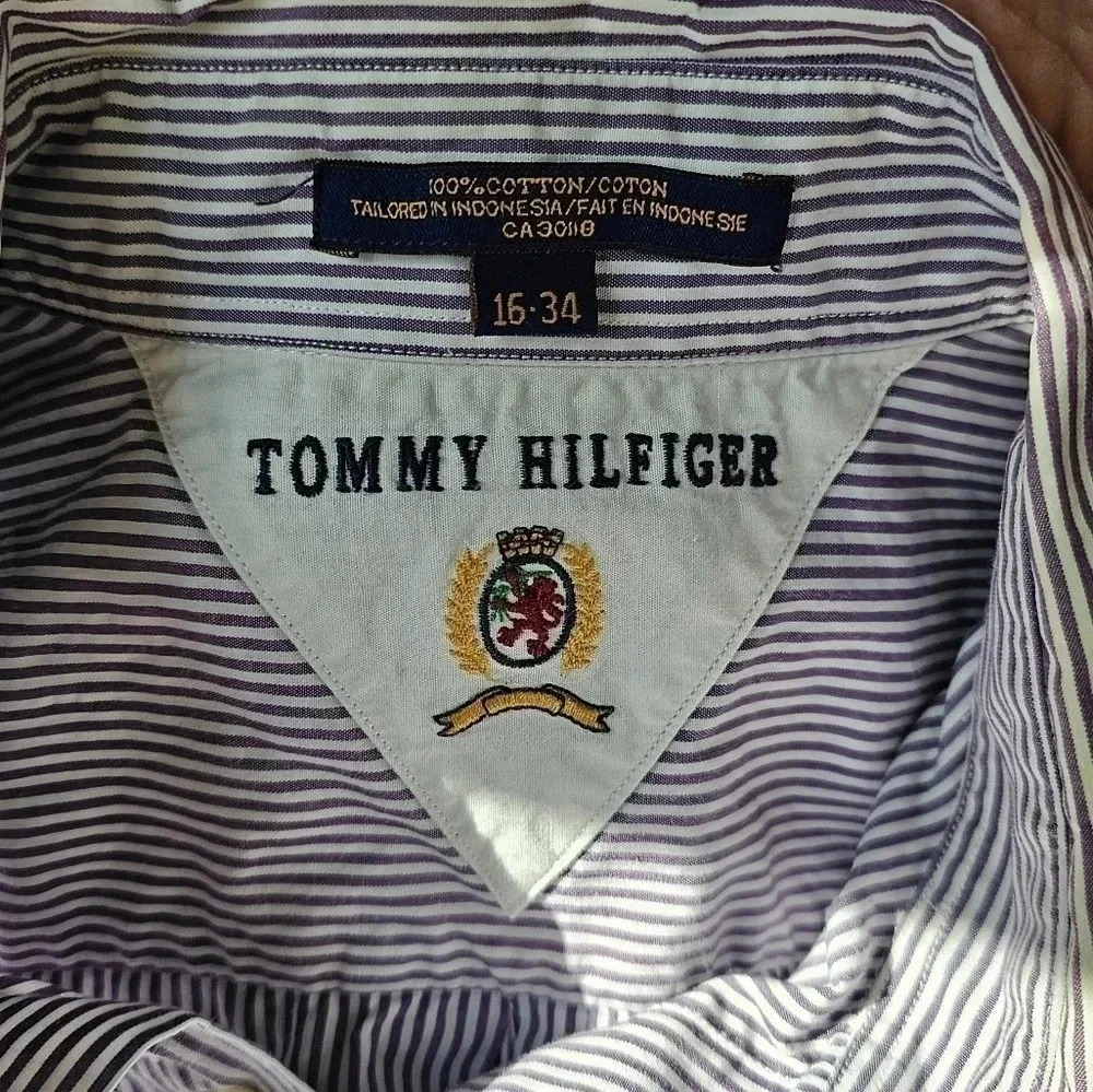 Tommy Hilfiger Large 16/34 Vintage 90s White Purple Pinstripe Crest Shirt Preppy - Picture 4 of 8